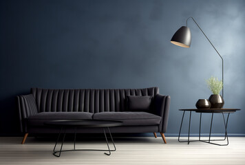 A dark room with black sofa and a blue wall