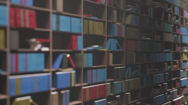 Looping wooden book shelves with colorful books endless animation