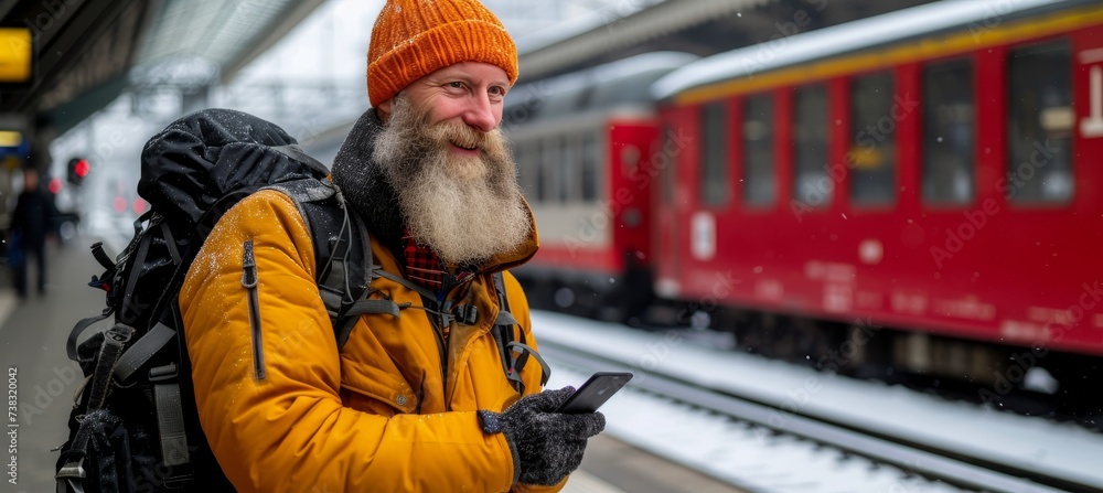 Poster smiling bearded man using smartphone at train station with copy space for text placement