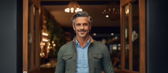 a man who runs a coffee shop stands in front of the cafe door