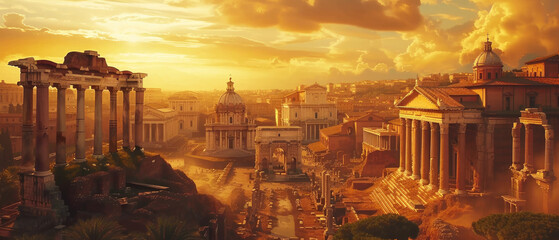 Fiction view of Ancient Rome at sunset, urban landscape with old buildings in summer. Panoramic scene of historical houses, sun and sky. Concept of Roman Empire, antique, travel,