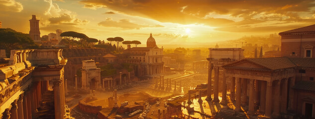 Plakat Fiction panoramic view of Ancient Rome at sunset, urban landscape in summer. Wide banner with historical buildings, sun and sky. Concept of Roman Empire, antique, travel,