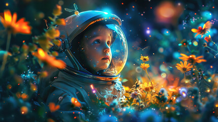 Surprised kid in spacesuit looks at glowing flowers in fairy tale forest, child in space. Magical garden with lights on alien planet. Concept of travel, beauty, nature, wonderland