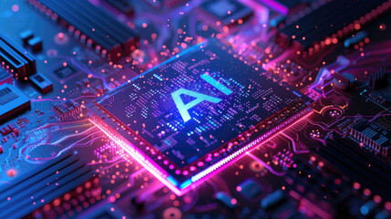 Obraz premium AI processor glows with neon light, powerful chip of artificial intelligence radiates purple pink energy. Concept of computer technology, circuit board, cpu, data, power.