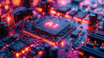 Fototapeta premium AI processor glows with neon light, microchip of artificial intelligence on pcb. Concept of chip, computer technology, circuit board, data, semiconductor, power.