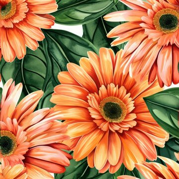 Watercolor herbera flower with leaves seamless pattern.