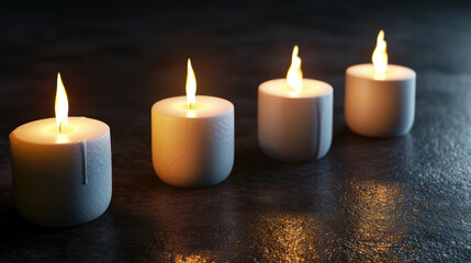 Obraz na płótnie Canvas Row of white candles sitting on top of table. Perfect for creating warm and cozy ambiance