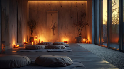 A serene and minimalist meditation space with cushions, candles, and soft ambient lighting
