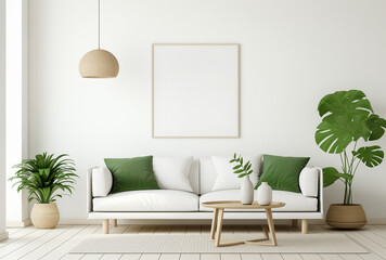 A white sofa with pillows and green plants in a bright room with a large frame for mockup