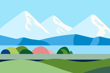 flat landscape mountains with lake vector background