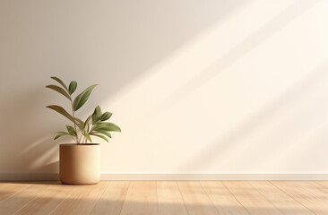 Fototapeta premium An empty room with a plant, a light parquet and a bright window