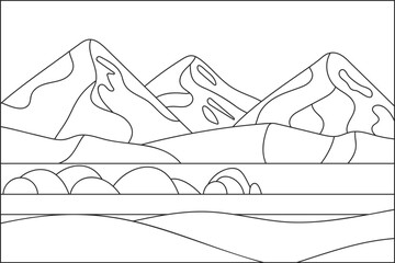 coloring page landscape mountains with lake vector  background