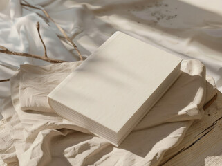 Blank book cover on white fabric background. Mockup for design