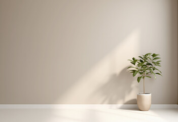 An empty room with a plant, a white floor and a bright window