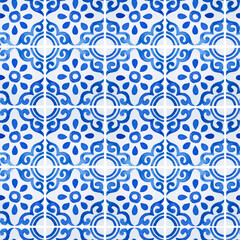 Fototapeta premium Watercolor seamless pattern with simple Mediterranean tiles for wallpaper and wrapping paper