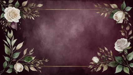 vintage dark purple framework for invitation or congratulation with white roses, frame with golden elements 