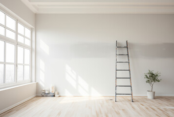 An empty unfinished white room with a large window