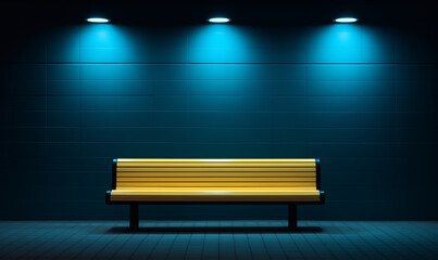 An empty yellow bench in a dark blue room with spotlights