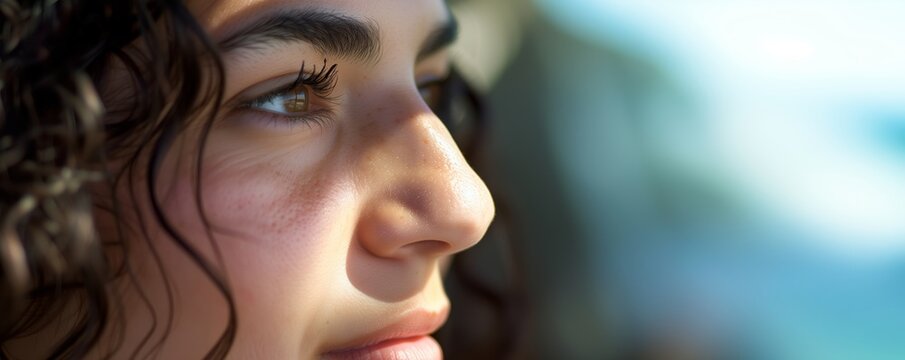Close up image of the Eyes of a charming gorgeous young woman with thick eyebrows looking away