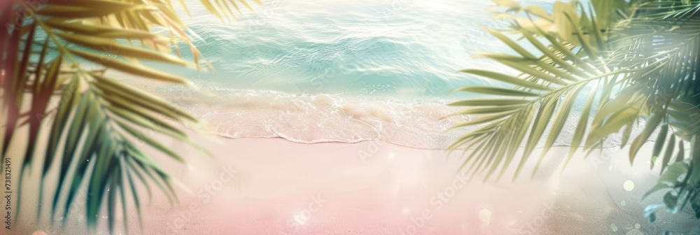 Poster sand beach with water and palm trees on white frame generative ai
