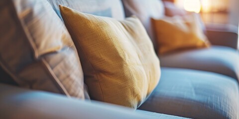 Close up of a fabric sofa with styled cushions and throw, copy space, cozy lifestyle, beige graceful home decoration background. - obrazy, fototapety, plakaty