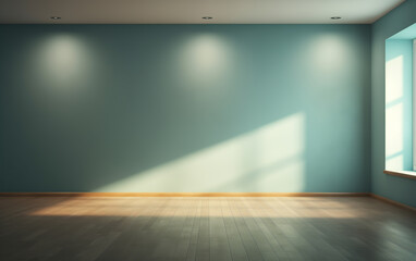 Empty green room with wooden parquet and a large window - 738321638