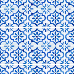 Watercolor blue azulejo tiles seamless pattern