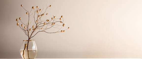 Golden branch in a glasses vase on a light wall, banner - 738321686