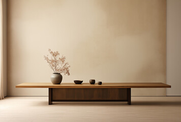 Japanese interior with a small table and vases in front of an empty wall - 738321823