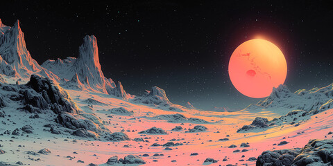 Surrealism illustrations of Morning over the deserted abandoned planet. - obrazy, fototapety, plakaty