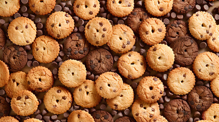 background of round chocolate chip cookies in light and dark brown - top down view