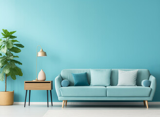 Light blue living room with a sofa in front of an empty wall - 738321874
