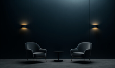 Two armchairs in a room with dark blue walls - 738322009