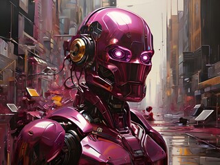 Fototapeta premium In a mesmerizing depiction, a glitchy magenta-hued robot uprising electrifies the canvas. This enthralling acrylic painting portrays a chaos-filled battle as robotic figures clash in a futuristic city