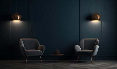Two armchairs in a room with dark walls