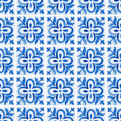 Watercolor seamless pattern with azulejo tiles for wallpaper, wrapping paper, fabric designs