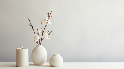 Two candles and a vase with flowers on a white background - 738322053