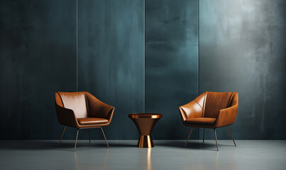 Two brown leather chairs in a room with dark green walls