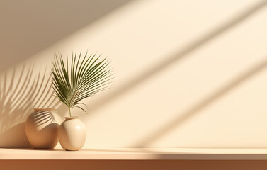 Two vases with a palm leaf in front of a sunlit beige wall - 738322259