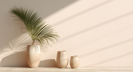 Vases with a palm leaf in front of a sunlit beige wall