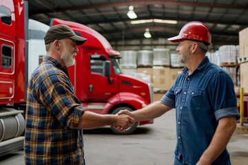 American truck driver and warehouse manager shaking hands in front of a red truck at a distribution center