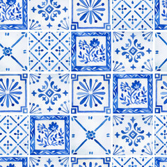 Watercolor seamless pattern with floral azulejo tiles for wallpaper, wrapping paper, fabric designs