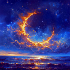 Obraz na płótnie Canvas Surreal Crescent Moon Embracing Stars - Ramadan Theme 