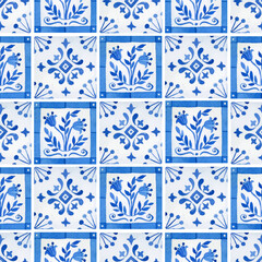 Watercolor blue floral azulejo tiles seamless pattern