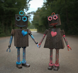 Couple in love with two vintage robots created with oxidized wood and bolts. 3d rendering - 738323638