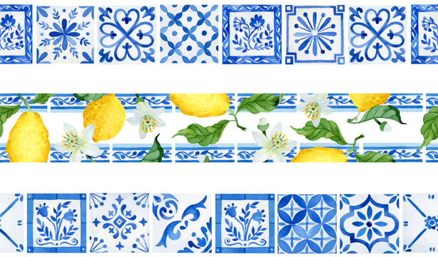 Watercolor seamless borders set with Mediterranean azulejo tiles, border tiles and ripen lemons with flowers and leaves
