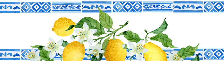 Watercolor Mediterranean border with tiles and ripen lemons for banner