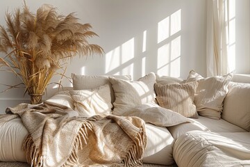 cozy living room with a comfortable sofa, pillows, bedspread and plants - obrazy, fototapety, plakaty