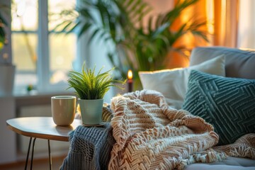 cozy living room with a comfortable sofa, pillows, bedspread and plants - obrazy, fototapety, plakaty