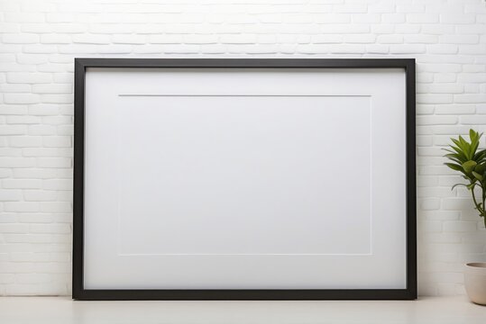 Blank black horizontal picture frame on the white concrete wall